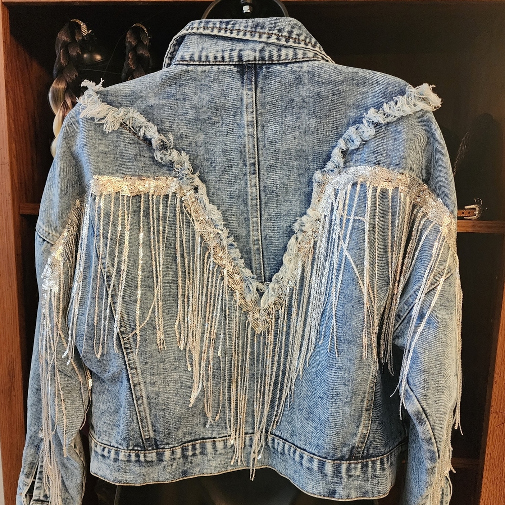 Denim crop style w silver fringe/brand new never worn